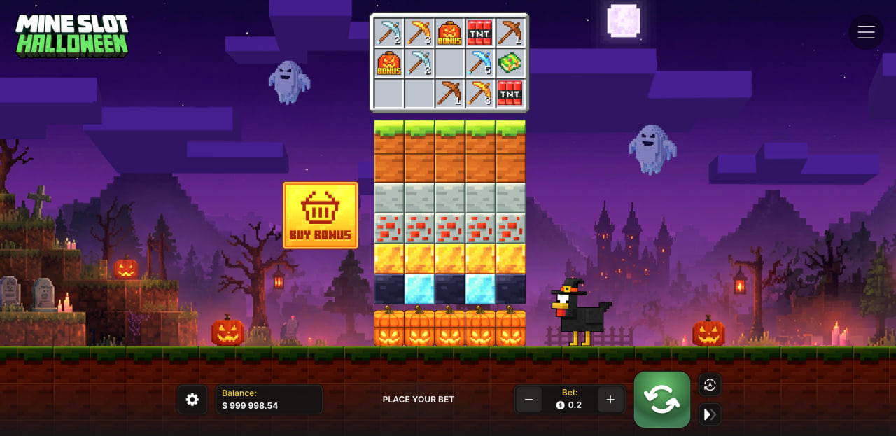 Mine Slot Halloween demo gratis app bonus: schermata di gioco con colonne di blocchi e tasto Buy Bonus