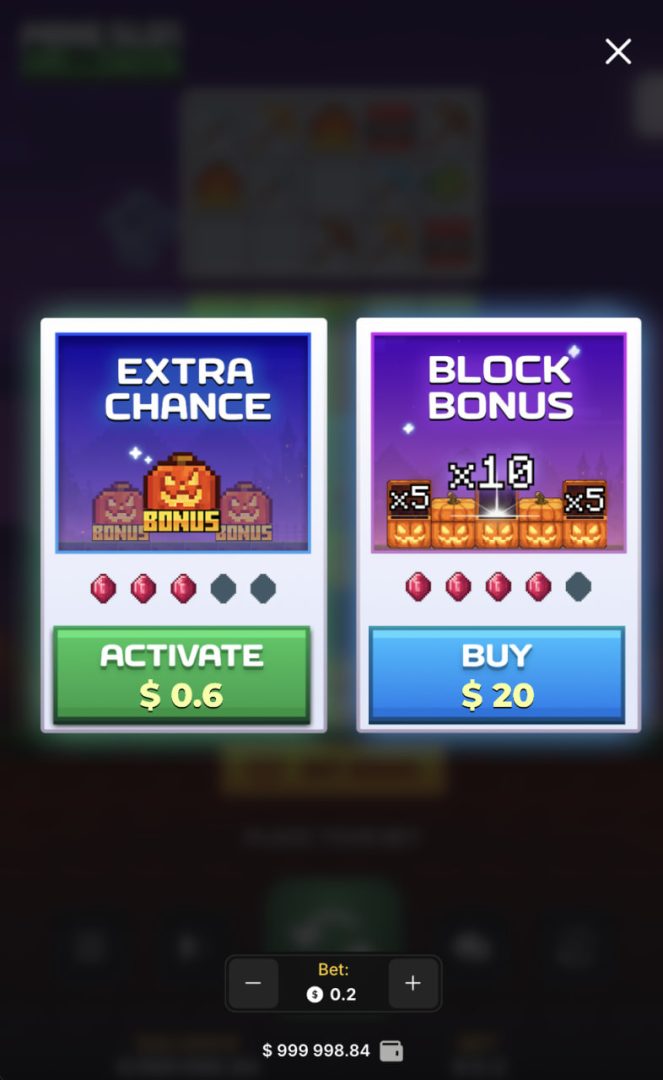 Mine Slot Halloween app italiano gioco d'azzardo truffa: opzioni Extra Chance e Block Bonus su smartphone verticale