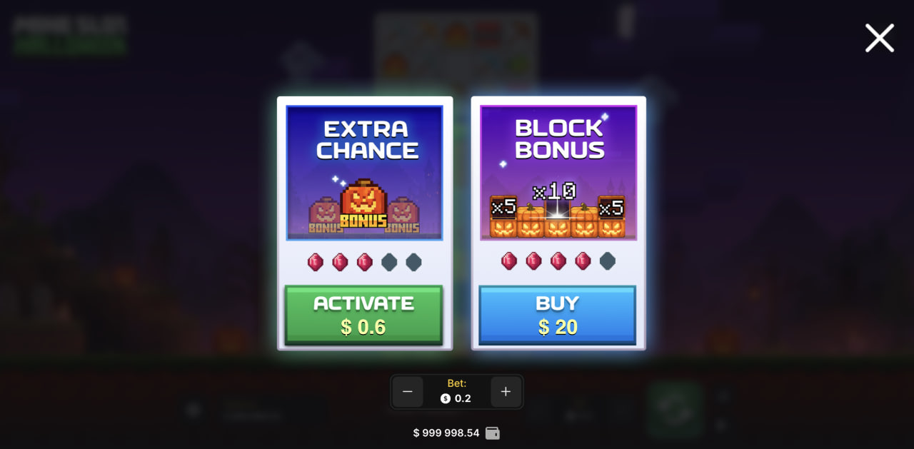 Mine Slot Halloween recensione codice promo casinò registrazione: finestra Extra Chance e Block Bonus su computer