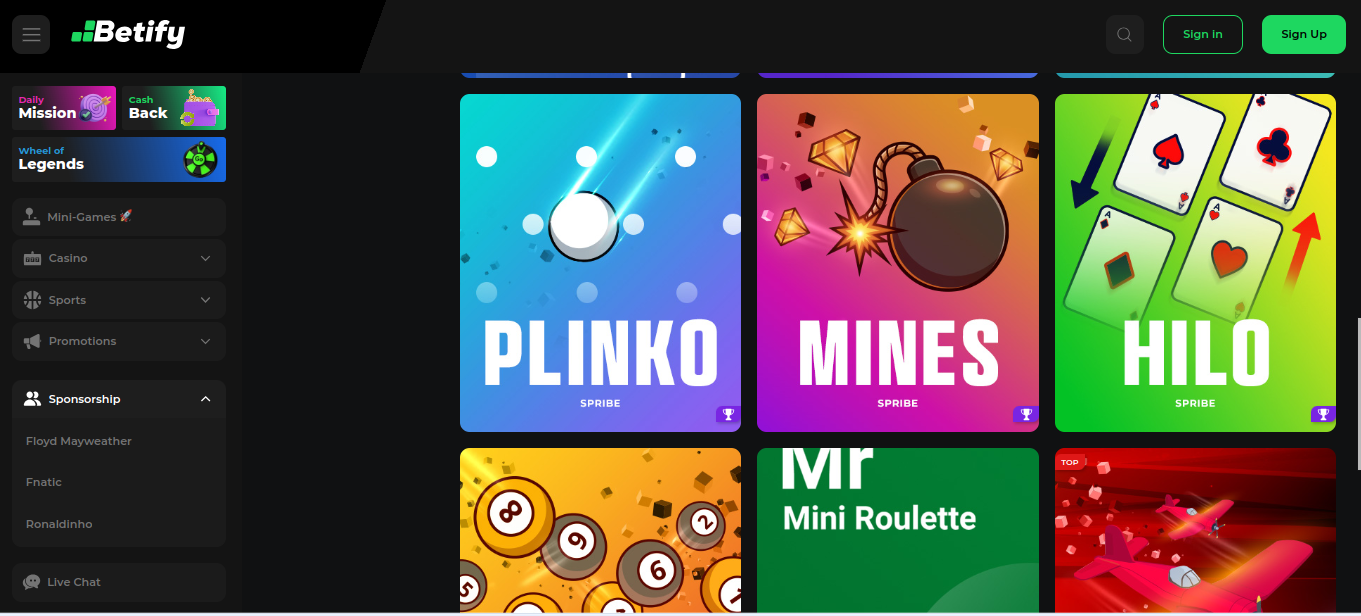 Mini-giochi Betify Plinko Mines Hilo da cellulare nel casinò online con codice promo