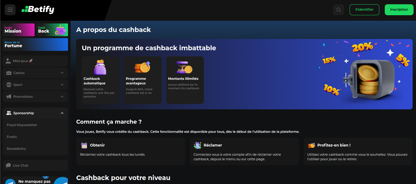 Programma cashback settimanale Betify bonus gratis nel casinò online da smartphone