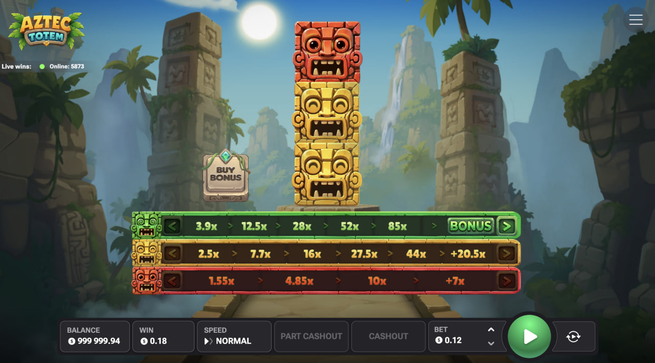 Aztec Totem demo gratis app bonus: totem centrale e tre file di moltiplicatori su computer