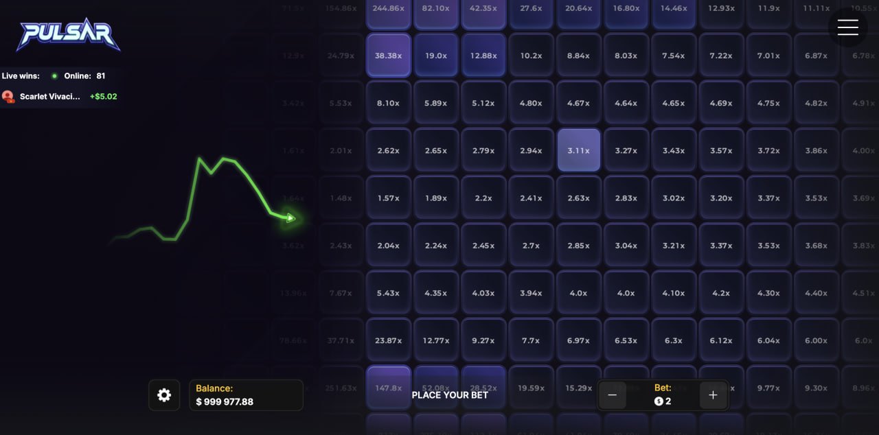Pulsar recensione demo gratis gioco casinò: griglia di caselle viola con coefficienti e traiettoria verde